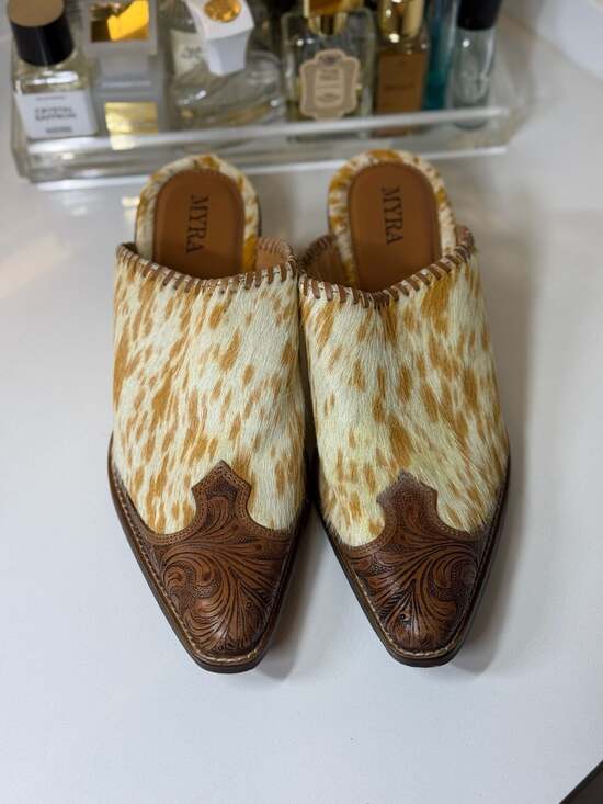 Myra Shoes - Myra Heely Western Hand-Tooled Cowhide Mules